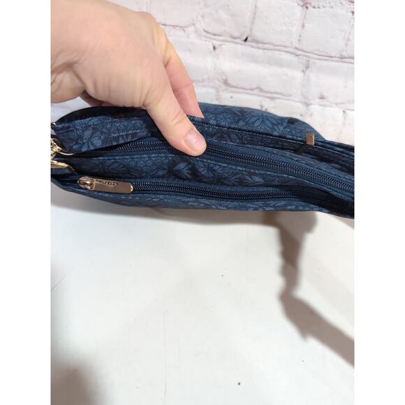 Travelon Anti-Theft Classic North South Crossbody Blue Floral Gold Hardware - Picture 7 of 14